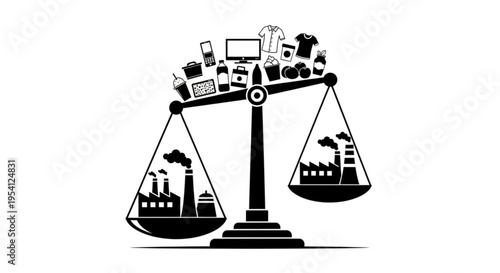 A black and white vector graphic illustration of a scale balancing industrial factories and consumer goods