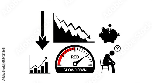 A minimalist vector graphic depicting a financial slowdown with various icons representing economic decline and uncertainty