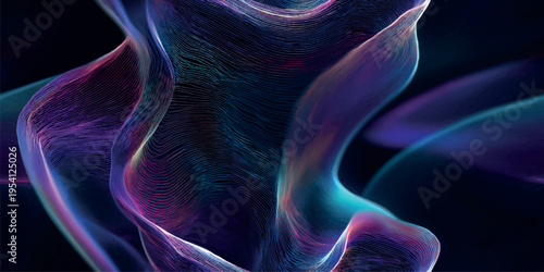 Deep purple ethereal silk waves with glowing neon lines for futuristic branding and luxury textiles.
