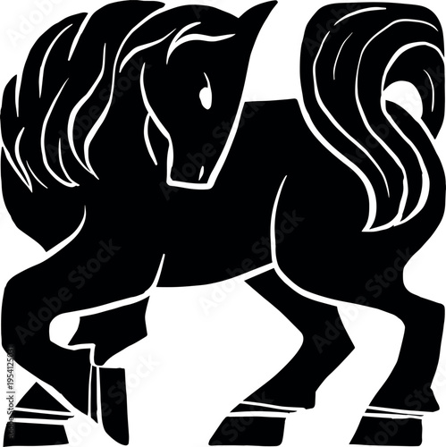 Chinese animal zodiac in brutal black linocut style. Modern vector art. Zodiac sign Horse. Year of the Horse. Square shape