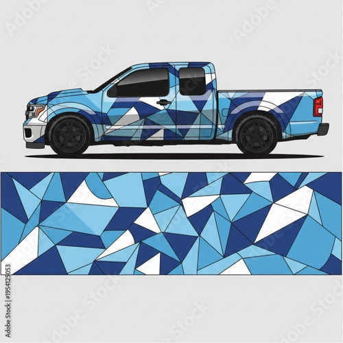 Blue Geometric Pattern Pickup Truck Design.
