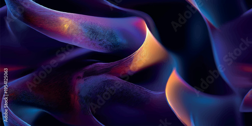 Deep purple ethereal silk waves with glowing neon lines for futuristic branding and luxury textiles.