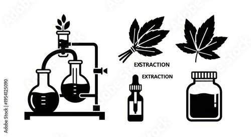 Photography Set of icons illustrating extraction process, from laboratory equipment to natur