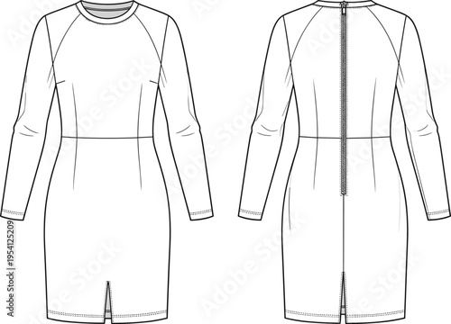 Women Long Sleeve Sheath Dress Technical Flat Sketch, Back Zipper Closure, Front Slit Detail, Fashion Design CAD Vector Illustration Template