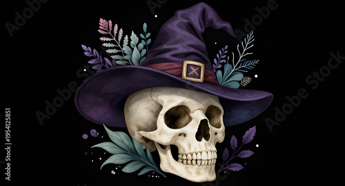 skull, witch, hat, flower, flowers, floral, halloween, spooky, horror, gothic, dark, magic, mystical, witchcraft, occult, fantasy, creepy, scary, death, bone, skeleton, witchy, enchanted, spell, potio