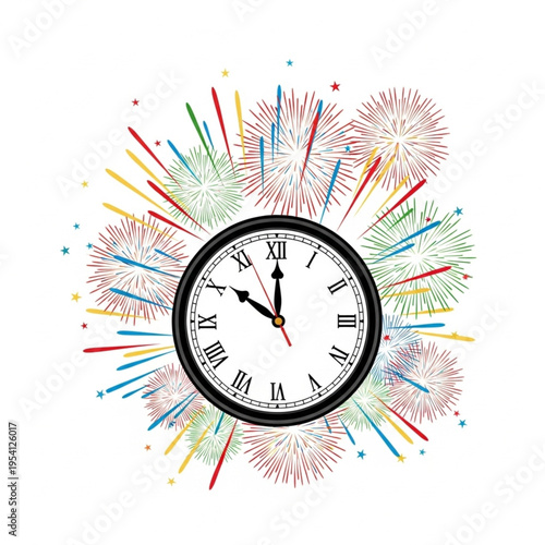 Clock with colorful fireworks exploding around it.