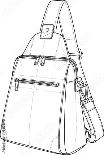 Sling Backpack Technical Flat Sketch, Crossbody Chest Bag With Zipper Pockets, Fashion Design CAD Vector Illustration, Travel Accessory Mockup Template