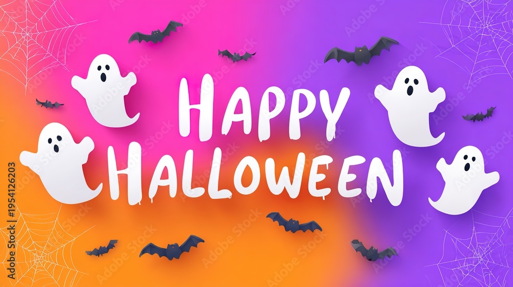 Fototapeta premium Happy Halloween banner with cute ghosts on purple background, festive spooky celebration, playful seasonal design, Halloween holiday spirit.