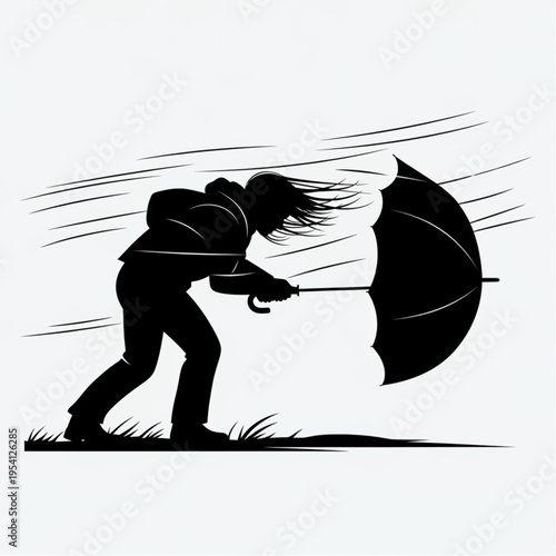 Man Struggling to Hold Umbrella in Wind.