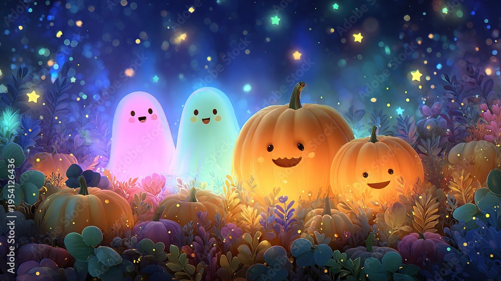 Fototapeta premium Cute Halloween pattern with pumpkins and friendly ghosts on colorful background, playful seasonal design, festive celebration, Halloween.