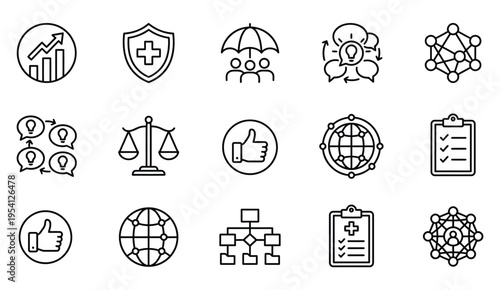 Concept icons for business, health, and global connections: growth chart, shield, umbrella, network, scales of justice, thumbs up, clipboard, world globe, molecules