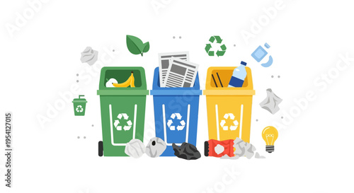 Recycling Waste Sorting Bins Illustration. Green, Blue, Yellow Containers for Organic, Paper, and Plastic. Environmental Sustainability Concept.