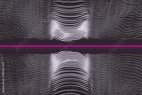 abstract screen art, line in purple, sound waves, purple and grey colors, wavy elements, motion, digital distortion, glitch, pixelated, illustration