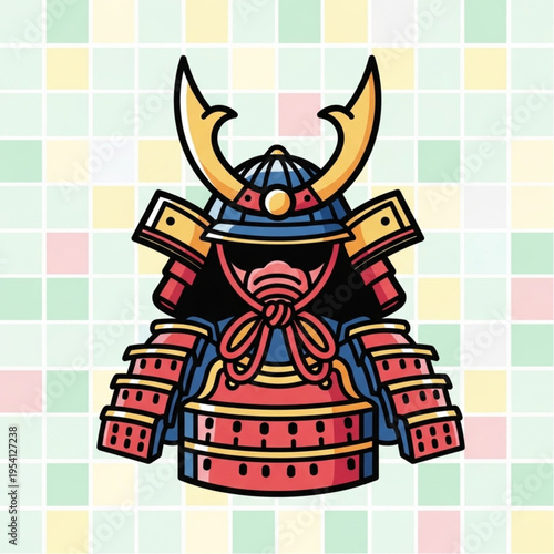 Samurai Armor Helmet Cartoon Illustration.