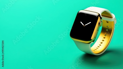 Stylish smartwatch with sleek design and gold accents displayed against a vibrant green background in a minimalist setting