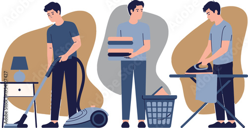 Man doing household chores with various cleaning tools and equipment