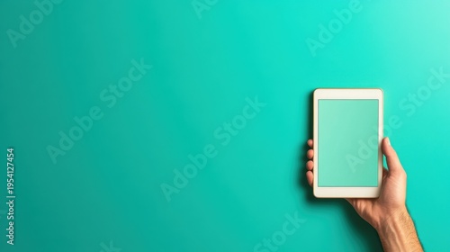 Hand holding a blank tablet against a vibrant turquoise background showcasing modern digital technology and communication potential