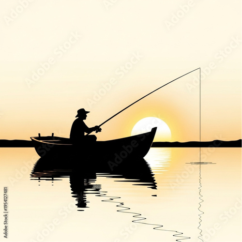 Man Fishing from Boat at Sunset.