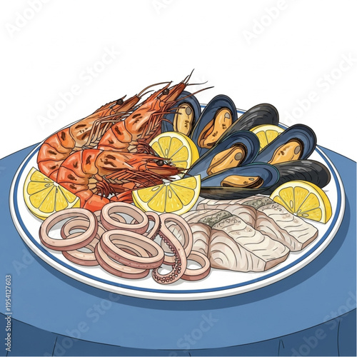 Seafood Platter with Shrimp Mussels and Onions.