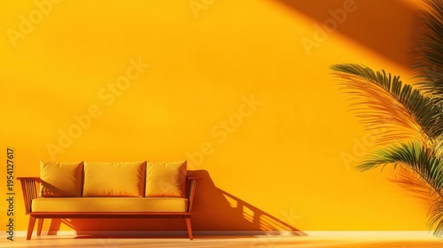 Bright yellow wall with a cozy couch and palm leaf casting shadows in a modern indoor space during daytime