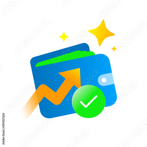 Vector illustration of wallet with an upward growth chart, check mark. successful investment returns, dividend income, profit gain, or confirmed financial growth. concept for finance apps