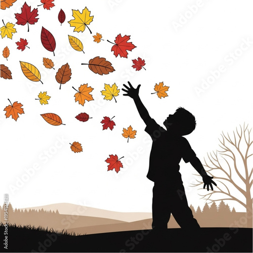 Silhouette of a Child Playing with Leaves.