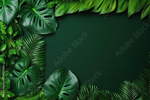 Tropical green leaves creating a vibrant natural frame on dark green background