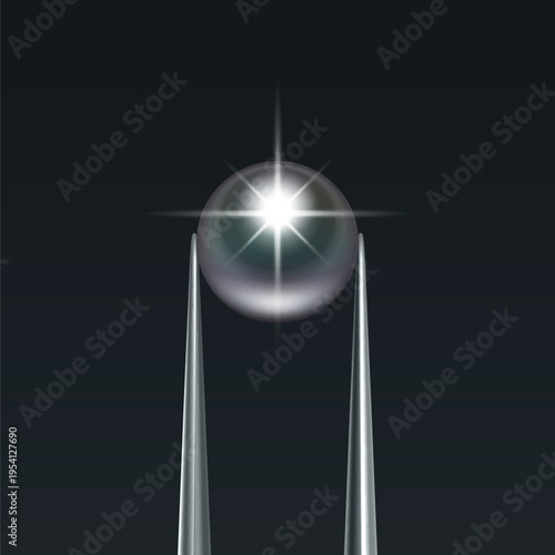 Vector Jewelry Tweezers Holding Pearl Bead on Black Background. Luxury Pearl Jewelry Banner, Elegant Pear Template for Jewelry Store, Fashion Accessory, Gemstone Design, Precious Stone Decoration