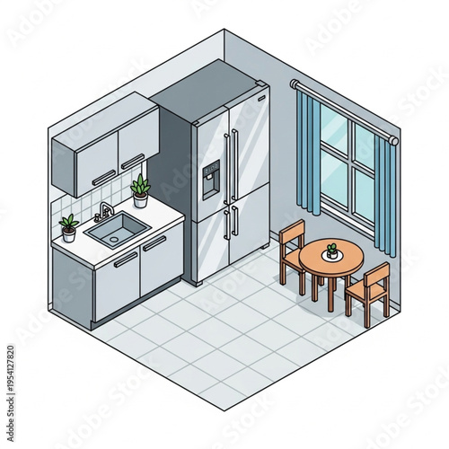 Isometric Kitchen Interior with Dining Area.