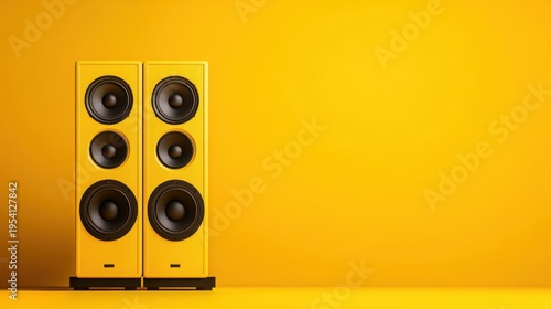 Bright yellow speaker towers standing against a vibrant yellow wall in a studio setting designed for audio production and music enjoyment