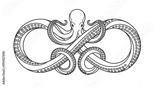 Intricate line art illustration depicting an octopus with its tentacles cleverly interwoven to form the symbolic shape of an infinity sign, representing endlessness or eternal connection.