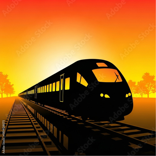Modern Train on Railway Tracks at Sunset.