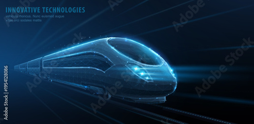 High speed train in blue futuristic style. Smart transportation, railway technology, rapid transit, modern mobility, electric travel, speed lines, innovation concept. Vector illustration