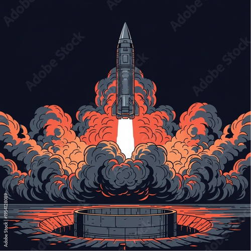 Rocket Launching into Space with Flames.