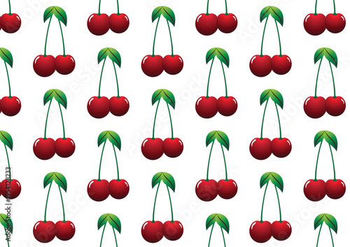 Seamless Cherry Pattern with Red Cherries and Green Leaves on Light Background