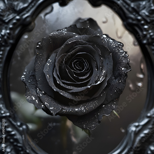 Elegant black rose illustration with golden highlights, set in a dark circular frame with a laurel wreath, perfect for vintage and sophisticated design projects, Generative AI