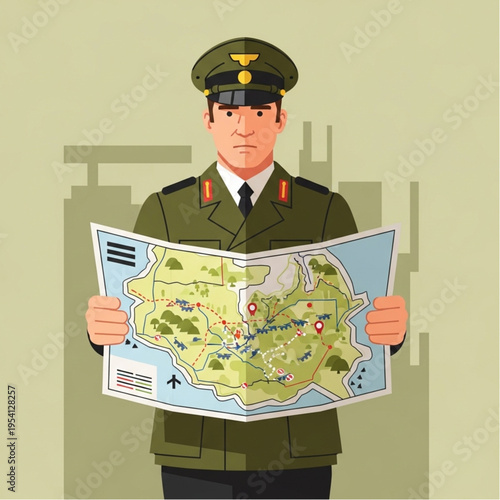 Military Officer Holding a Map Illustration.