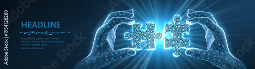 Glowing hands connecting puzzle pieces on dark blue background. Collaboration concept, teamwork, innovation technology, digital strategy, business solution, futuristic idea illustration.