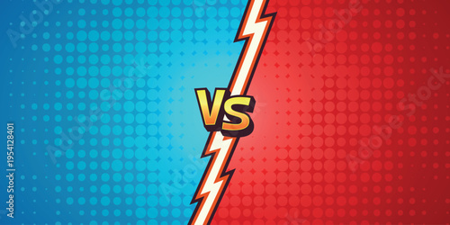 Comic Versus Vector Background. Versus Battle Screen. Versus vs Arena Split. Blue Red Halftone Divider. Game Competition Banner Template, Dynamic Fighting Poster Backdrop