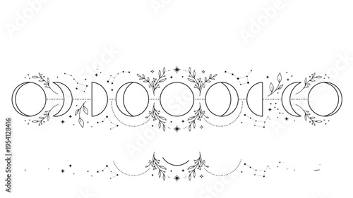 Decorative line art illustration showcasing the lunar cycle through various moon phases, accented with celestial and botanical motifs, including a complementary lower border design, ideal for.