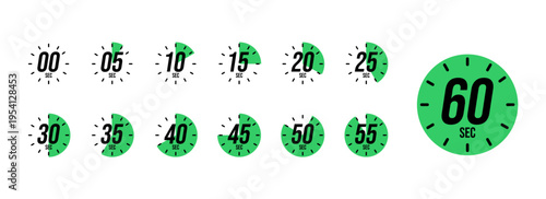 00, 05, 00, 05, 10, 15, 20, 25, 30, 35, 40, 45, 50, 55, 60 Second Countdown Timer Vector Set with Progress Intervals 00 to 60 Seconds. Modern Green Circular Loading Icons and Digital Stopwatch