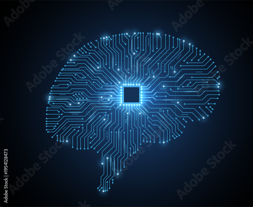 Glowing microchip in brain-shaped circuit on dark blue background. Artificial intelligence, AI technology, neural network, digital computing, futuristic innovation, machine learning concept. 3D illust