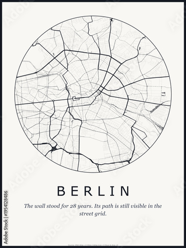 Berlin city map poster design. Street map art of Berlin Germany. Black and white minimalist road network with downtown district for wall art home decor printable urban cartography. monochrome