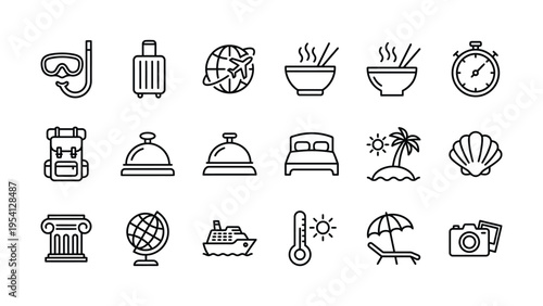 Travel and vacation icons: snorkel mask, suitcase, globe, food bowl, stopwatch, backpack, hotel bell, bed, island palm tree, seashell, ancient column, cruise ship, camera