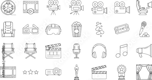 Cinema and Movie Production Vector Line Icon Set