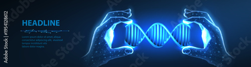 Glowing hands holding DNA strand on dark blue background. Genetics technology, medical research, molecular science, digital biology, futuristic healthcare, innovation concept. 3D illustration