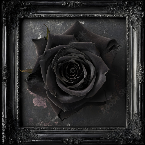 Elegant black rose illustration with golden highlights, set in a dark circular frame with a laurel wreath, perfect for vintage and sophisticated design projects, Generative AI