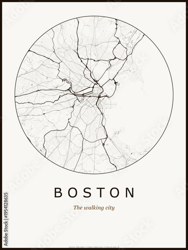 Boston city map poster design. Street map art of Boston United States. Black and white minimalist road network with downtown district for wall art home decor printable urban cartography. monochrome