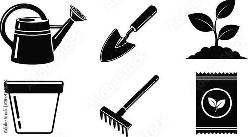 Black and white gardening icons including watering can, trowel, sprouting plant, pot, rake, and seed packet, vector illustration