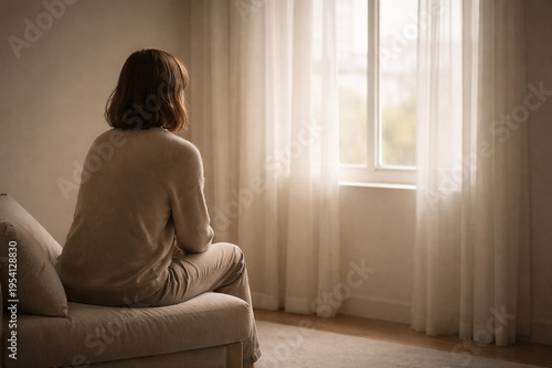 Person sits on a sofa and looks out the window at a view with soft light in a room during daytime